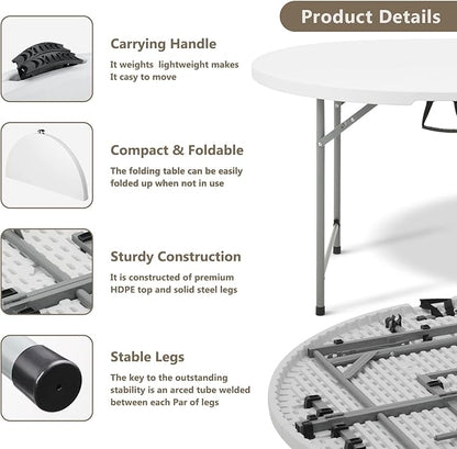 OS MOTOR 4ft Round Folding Table with Carry Handle, Portable Heavy Duty Plastic Utility Table with Steel Legs for Party, Wedding, Camping, Indoor, Outdoor Event, 48 Inch, White