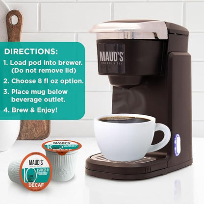 Maud's Decaf Espresso Roast Coffee Pods, 100 ct, Decaffeinated Dark Roast Coffee in Recyclable Single Serve Pods – 100% Arabica Coffee, Compatible with Keurig K Cups Maker