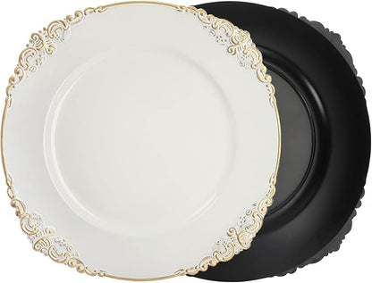 Okllen 12 Pack Plastic Round Charger Plates, 13" Dinner Charger Dessert Plates with Gold Rim, Vintage Charger Serving Plates for Catering, Wedding, Tabletop Decor, White, Floral Trim