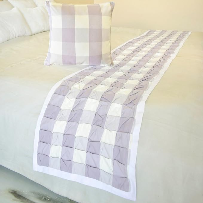 The HomeCentric King/Queen/Twin Lavender Decorative Bed Runner Queen 74"x18" Bed Runner with Two Pillow Cover, Checkered, Buffalo Plaid, Check Bed Scarf on Cotton Fabric - Lavender Plaid Knots