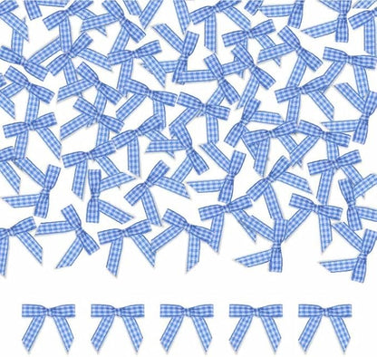 Meseey 100 Pcs 1.5 Inches Premade Gingham Craft Bows Self Adhesive Blue and White Plaid Ribbon Bows for Treat Bags Gift Wrapping Basket Wedding Baby Shower Brithday Party(Blue and White Plaid)
