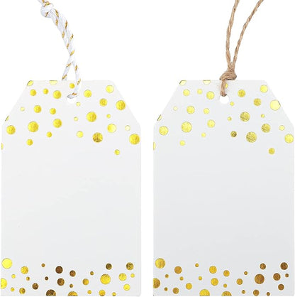 Anwyll Gift Tags with String - 100Pcs Gold Foil Metallic Confetti Polka Dot Gift Bag Tags Personalized White Blank Hang Paper Label Tag for Birthday Party Bridal Shower Wedding Christmas Favor Present