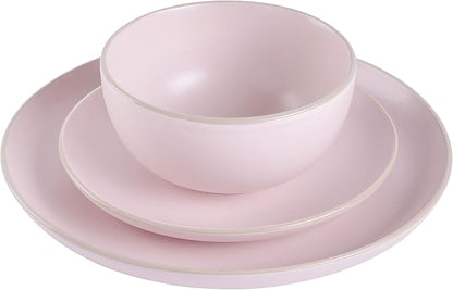 Gibson Home Rockaway 12-Piece Round Stoneware Dinnerware Set, Service for 4 – Pink Plates and Bowls, Modern Matte Finish, Microwave & Dishwasher Safe