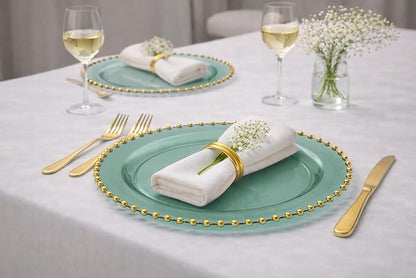 PLASTICPRO Translucent Green with Gold Rim Plastic Charger Plates with Beaded Edge – Pack of 4 – 13" Elegant Round Disposable Chargers for Weddings, Events, Parties, and Dinners