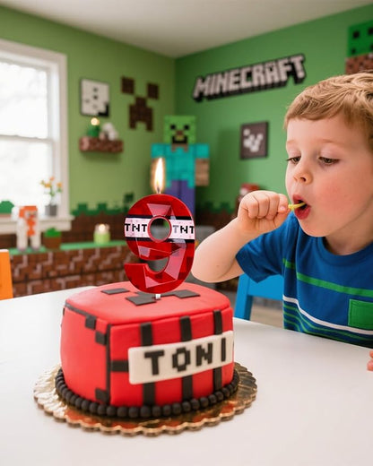 Number 9 Red Pixel Birthday Candle, TNT Themed Birthday Candles for Cake, 2.74 Inch Green Miner Number Candles, Game Themed Candle Birthday Decoration, Red Birthday Cake Topper for Boys Girls Party
