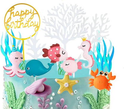 Morofme Sea Cake Toppers, 12pcs Sea Birthday Cake Topper Cupcake Topper, Ocean Animals Sea Cake Decorations for Kids Under the Sea Ocean Sea World Theme Birthday Baby Shower Party Supplies