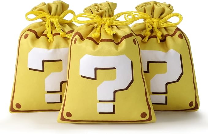 RICHNESS Question Mark Candy Bags -16 PCS Satin Drawstring Goodie Bags for Kids, Reusable Yellow Question Mark Party Favor Bags for Birthday, Retro Video Game Treat Pouches for Pinata Fillers Classroom Rewards