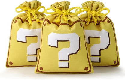 RICHNESS Question Mark Candy Bags -16 PCS Satin Drawstring Goodie Bags for Kids, Reusable Yellow Question Mark Party Favor Bags for Birthday, Retro Video Game Treat Pouches for Pinata Fillers Classroom Rewards