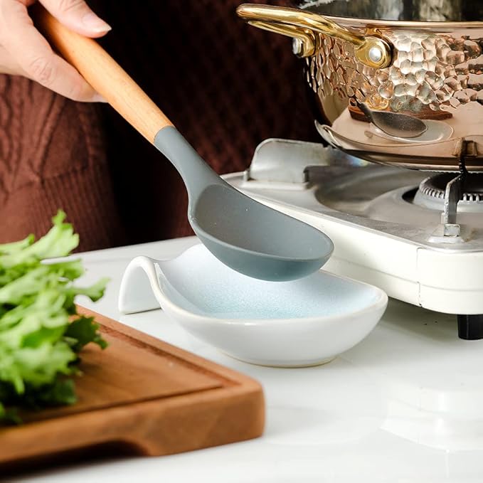 Nihow Ceramic Spoon Rest: 4 Inch Stable Utensil Rest - Heat Resistant Spoon Holder for Kitchen counter/Countertop/Stove Top - Dishwasher Safe - Elegant Green & White (1 PC)