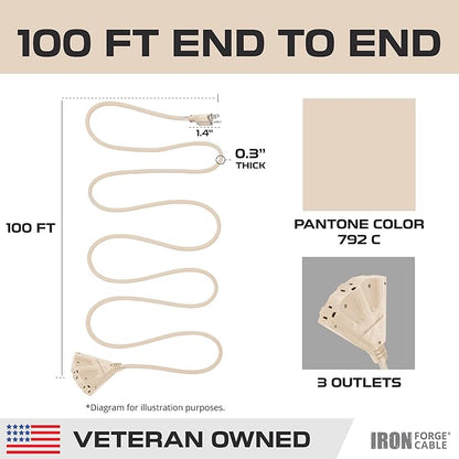 Iron Forge Cable Weatherproof 100 Ft Outdoor Extension Cord - 3 Outlet 16/3 SJTW Heavy Duty Light Brown Extension Cord 100ft 3 Prong - 10 Amp Power Cable
