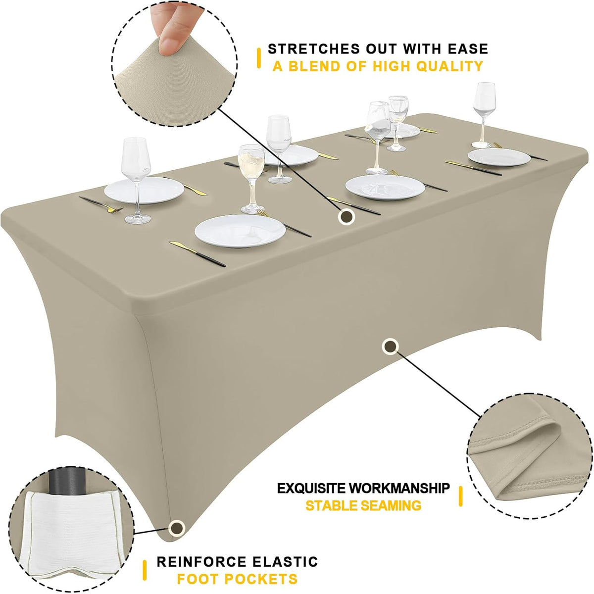 Smiry 2 Pack Spandex Table Cloth 6FT, Elastic Fitted Stretch Tablecloths, Washable and Wrinkle Free Rectangular Patio Table Cover for Outdoor, Wedding, Banquet (Taupe, 72Lx30Wx30H Inch)