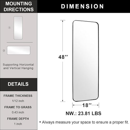 ANDY STAR 18" x 48" Full Length Wall Mirror, Large Black Mirror for Bathroom, Rounded Corner Rectangle Body Mirror for Floor and Leaning