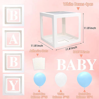 Voircoloria Baby Shower Decorations, 4pcs Transparent Balloon Boxes with Letters, Blue & White, Includes 36 Balloons & Adhesive Dots