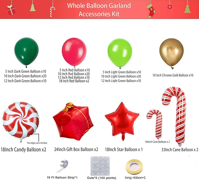 Christmas Balloon Garland Arch kit with Xmas Red Gold Dark Green Balloon Fresh Green Balloon and Candy Balloons Gift Box Balloons Red Star Balloons Rich for Christmas Party Decorations