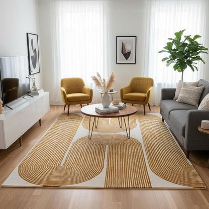 Modern Handmade Wool Area Rug, Abstract Curved Line Geometric Carpet for Living Room Bedroom, Contemporary Tufted Indoor Rug with Soft Pile and Cotton Backing (Gold, 6' x 8')