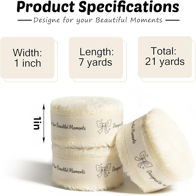 Ivory Cotton Ribbon 1 Inch Ivory 3 Rolls 21 Yards Frayed Edge Fabric Set for Wedding Invitations, Bridal Shower, Anniversary Celebration, Elegant Event Decor & Gift Wrapping