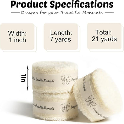 Ivory Cotton Ribbon 1 Inch Ivory 3 Rolls 21 Yards Frayed Edge Fabric Set for Wedding Invitations, Bridal Shower, Anniversary Celebration, Elegant Event Decor & Gift Wrapping