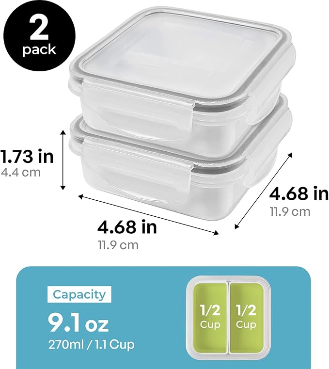 carrotez 2 Compartment Snack Containers, Mini Snack Containers for Mini Fridge, Small Food Storage Containers, Airtight Lids, Reusable, 1.1 cup, 2 PACK