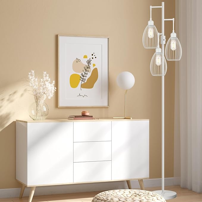 Dimmable Floor Lamp, 3 x 800LM LED Edison Bulbs Included, Farmhouse Industrial Floor Lamp Standing Lamp with Elegant Teardrop Cage Head Tall Lamp for Living Room Bedroom Office Dining Room - White