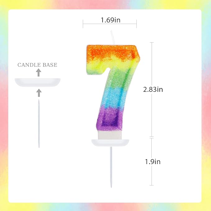 Rainbow Candles for Birthday Cakes, 7 Cake Topper, Rainbow Birthday Party Decorations, 7th Number Candle for Girls Boys (Number 7)