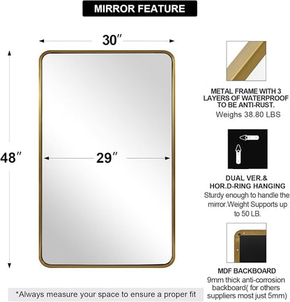 ANDY STAR Brushed Gold Bathroom Mirror 48”X30”, Brass Bathroom Vanity Mirror Rounded Rectangle, SUS304-Anti-Rust Metal Frame Mirror, Wall Mounted Horizontal/Vertical 1’’ Deep