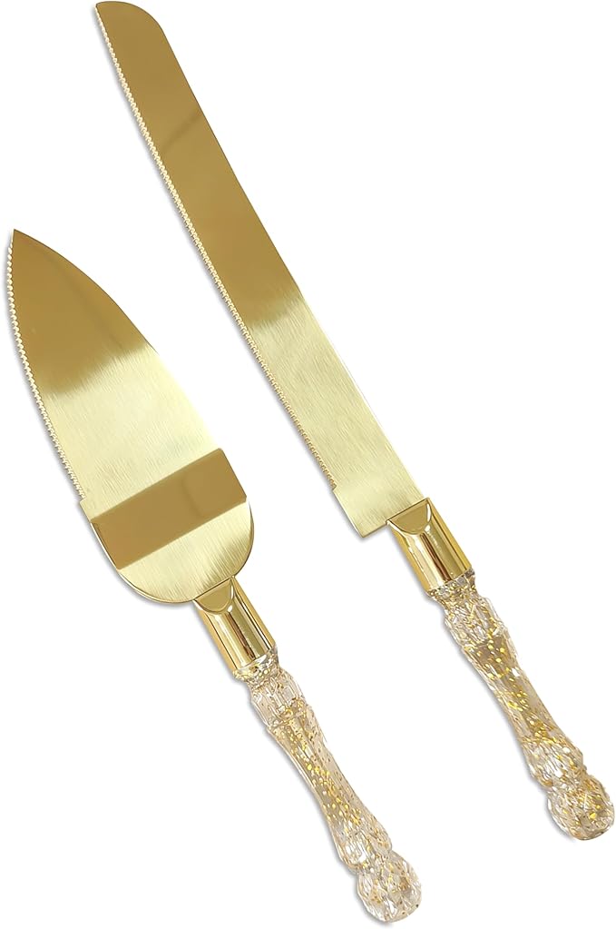 Wedding Cake Knife and Server Set, Cake Cutter and Pie Spatula, Cake Server and Knife Set of 2 with Plastic Handles, Titanium Gold Plated Blades, Cutting Set for Birthdays, and Parties (Glitter Gold)