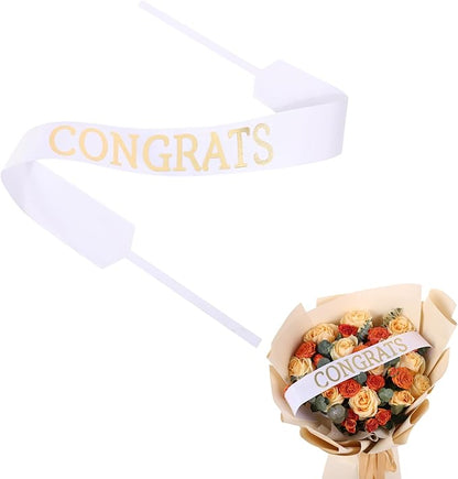 Set of 12 Bouquet Banner Grosgrain Ribbon Tie Wrap Printed Sash Florist Bulk Supply for Floral Arrangements (White - Congrats)