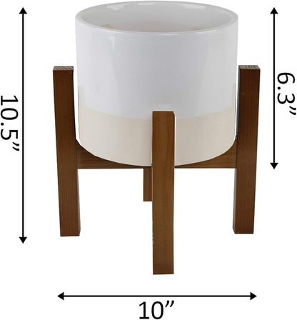 Flora Bunda Mid Century 8 Inch Ceramic Planter Large Two Tone Pot on Wood Stand, White