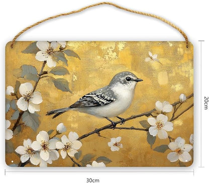 Artistic Retro Bird on Floral Branches Wooden Wall Art, Luxe Home Decors for Vintage Enthusiasts, 12x8 Inch Wood Sign to Add Glamour to Your Bedroom