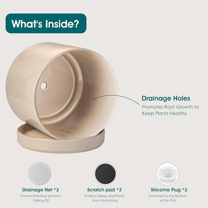 vancasso Ceramic Planters, Plant Pots for Indoor Plants, 6.25+8.25+10.25 Inch Ceramic Pots for Plants, Flower Pots with Drainage Holes (Gray, 6.25+8.25+10.25 Inch)