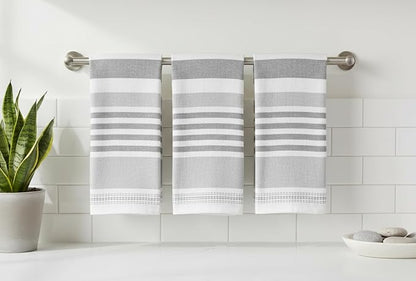 Serafina Home Grey White Kitchen Hand Dish Towels: Oversized 28" x 16",100% Cotton Cloth Soft Cleaning Drying Absorbent Striped Design, Set of 3 Multipurpose for Everyday Use (Grey Monica)