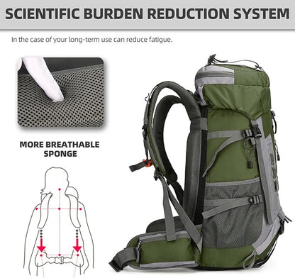 King'sGuard 60L Hiking Backpack for Men and Women Lightweight Camping Hiking Backpack with Rain Cover Large Waterproof Travel Backpack Backpacking Pack (Army Green)