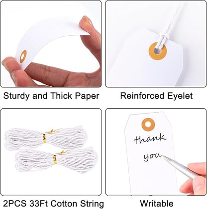 G2PLUS Price Tags with String, 1.6x2.8 in Blank Labeling Tags, White Paper Hang Tag with Reinforced Hole for Shipping, Clothing, Pricing, Marking, Gift Wrapping