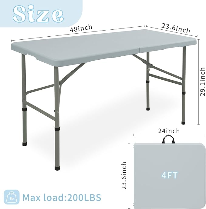 Set of 2 Folding Table 4FT Camping Table Portable Heavy Duty Plastic Rectangular Outdoor Dining Table Steel Legs Fold-in-Half with Carrying Handle for Indoor,Picnic,Party,Wedding,Events(Grey)