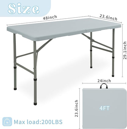 Set of 2 Folding Table 4FT Camping Table Portable Heavy Duty Plastic Rectangular Outdoor Dining Table Steel Legs Fold-in-Half with Carrying Handle for Indoor,Picnic,Party,Wedding,Events(Grey)