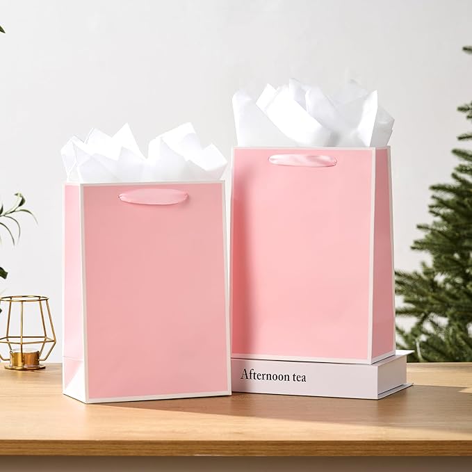 SHIPKEY 10 Pcs Luxury Pink Bags with Tissue Paper, Gift Bag for Men, Groomsmen Proposal Bag with White Frame, 8x4x11 Inches Kraft Paper Bags with Handles Bulk (20x10x28cm)