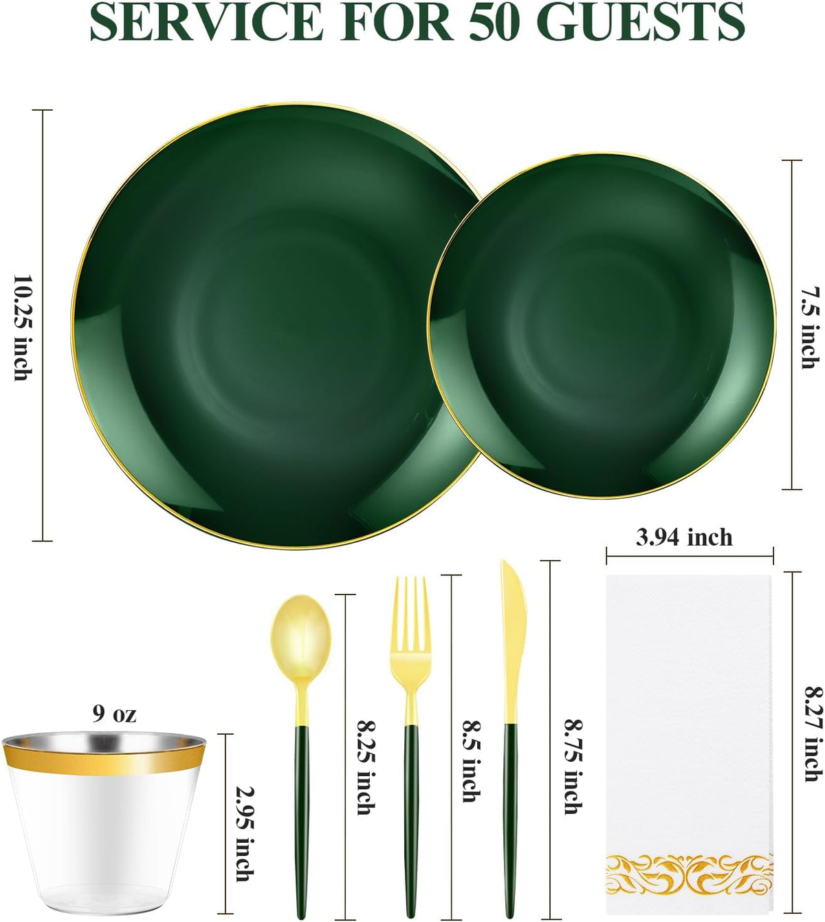 350 Pieces Green Gold Plastic Dinnerware Set, Gold Disposable Plates for Party, Include 100 Green Plates with 150 Plastic Cutlery, 50 Napkins and 50 Cups