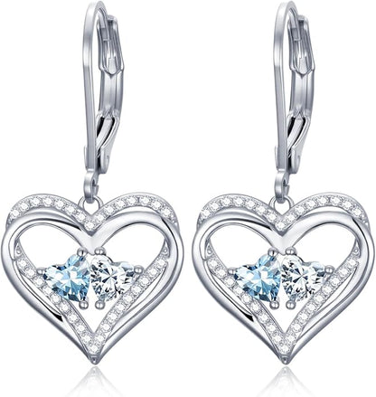 Valentines Day Gifts for Women, Heart Leverback Earrings Double Birthstone Dangle Earrings for Women, Love Jewelry for Her, Anniversary Birthday Gift for Mom Wife Girlfriend