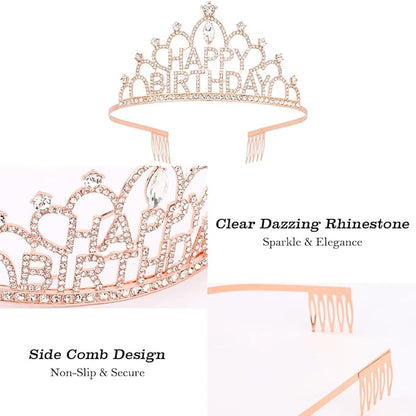 Rose Gold Birthday Crown and Sash for Women Girls Rose Gold Tiaras for Women Crowns for Girls Princess Crown Rhinestone Happy Birthday Hair Accessories