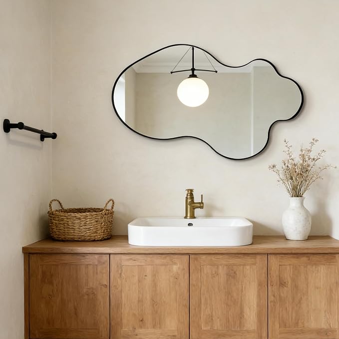Irregular Wall Mirror, 30"x18" Asymmetrical Decorative Accent Mirror with Black Metal Frame, Organic Shape Mirrors for Entryway Bedroom Living Room, Horizontal or Vertical Hanging
