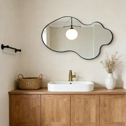 Irregular Wall Mirror, 30"x18" Asymmetrical Decorative Accent Mirror with Black Metal Frame, Organic Shape Mirrors for Entryway Bedroom Living Room, Horizontal or Vertical Hanging