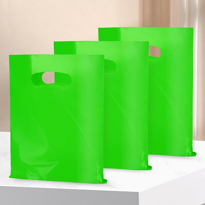 Green 100 PCS Small Gift Bags, 6"x8" Goodie Party Favor Bags with Handle, Treat Retail Pouches for Kids Birthday, Christmas, Small Business