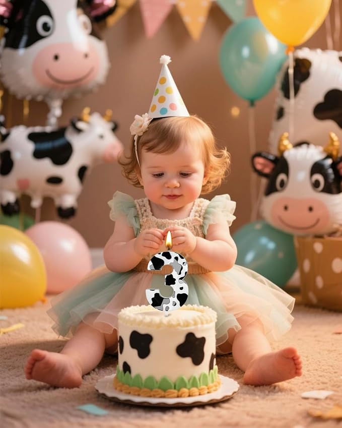 Number 3 Black Cow Birthday Candles，2.68 inch Metallic 3D Cow Birthday Candles, Cow Themed Cake Topper Decorations for Birthday Party Anniversary Celebration Supplies