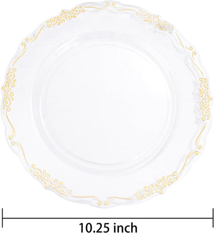 DaYammi 60PCS Clear Gold Plastic Plates Fancy Heavy Duty Clear Disposable Plates Premium 10.25inch Dinner Plates with Gold Rim Hard Plastic Plates Disposable for Party and Wedding