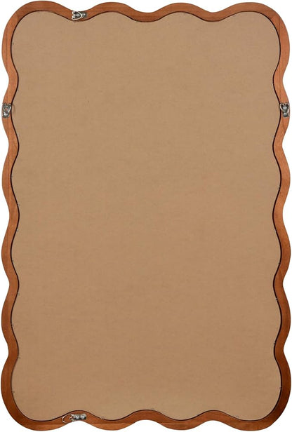 30x20 Inch Wooden Wavy Rectangle Wall Mirror, Modern Solid Wood Frame Decorative Accent Mirror for Bedroom, Bathroom, Living Room, Entryway, Yellowish Brown