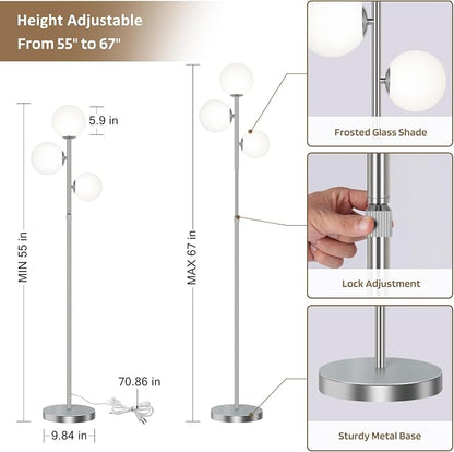 67" Mid Century Floor Lamps for Living Room, 3 Globe Floor Lamp with Frosted Glass Shades, Adjustable Height Standing Lamp with Foot Switch, Tall Lamps for Bedroom Office, G9 Bulbs Included, Silver