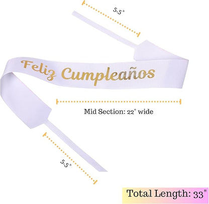 Set of 12 Bouquet Banner Grosgrain Ribbon Tie Wrap Printed Sash Florist Bulk Supply for Floral Arrangements (White - Feliz CUMPLEANOS)