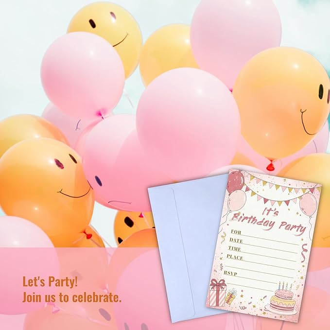 Sweet Birthday Invitations for Girl Teens Kids, 25 Pcs 4x6 Pink Gold Party Card Kit with Balloons, Bunting, Presents & Cakes - Sweet Colorful Childlike