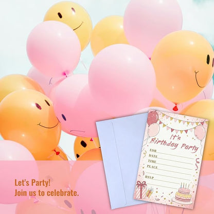 Sweet Birthday Invitations for Girl Teens Kids, 25 Pcs 4x6 Pink Gold Party Card Kit with Balloons, Bunting, Presents & Cakes - Sweet Colorful Childlike