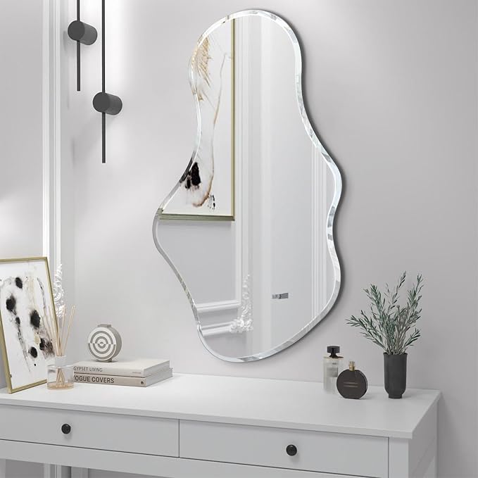 36 x 24 Inch Asymmetrical Cloud Mirror, Modern Irregular Wavy Wall Mirror, Beveled Edge Frameless Mirror for Living Room, Bathroom, Bedroom, Entryway